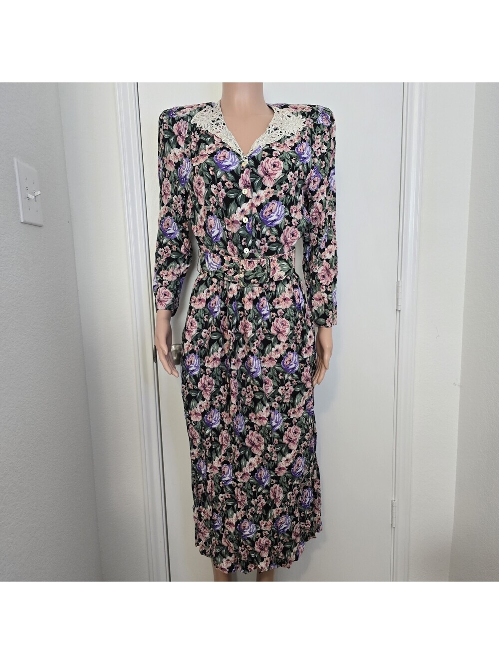 VTG 80s Rose Floral Dress Lace Collar Belted Tea Dress Cottagecore Sz 7/8